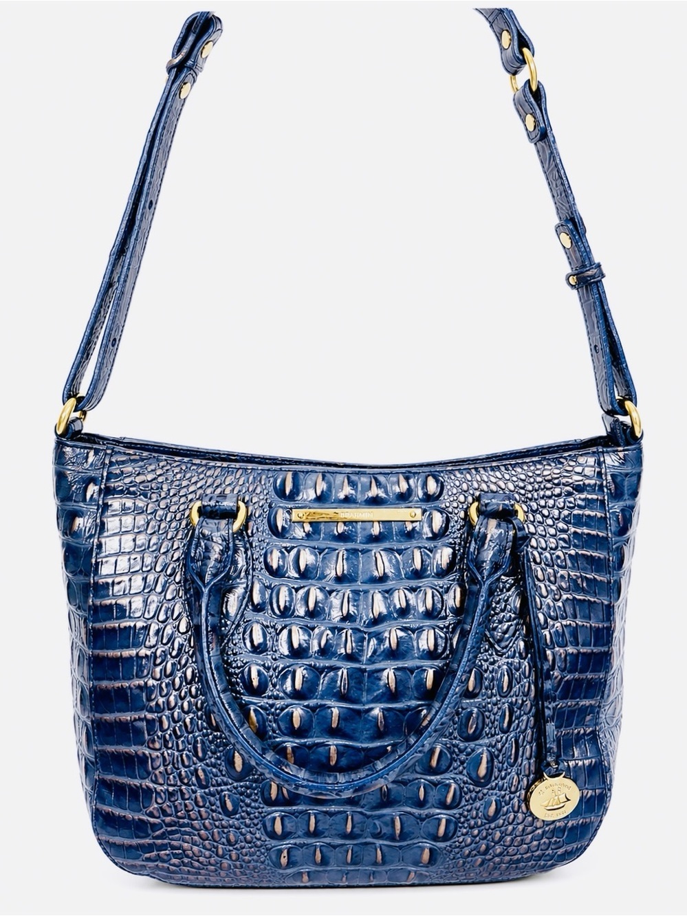 Brahmin Melbourne Lena Metallic Purplish Blue Leather Bag Gold Accent